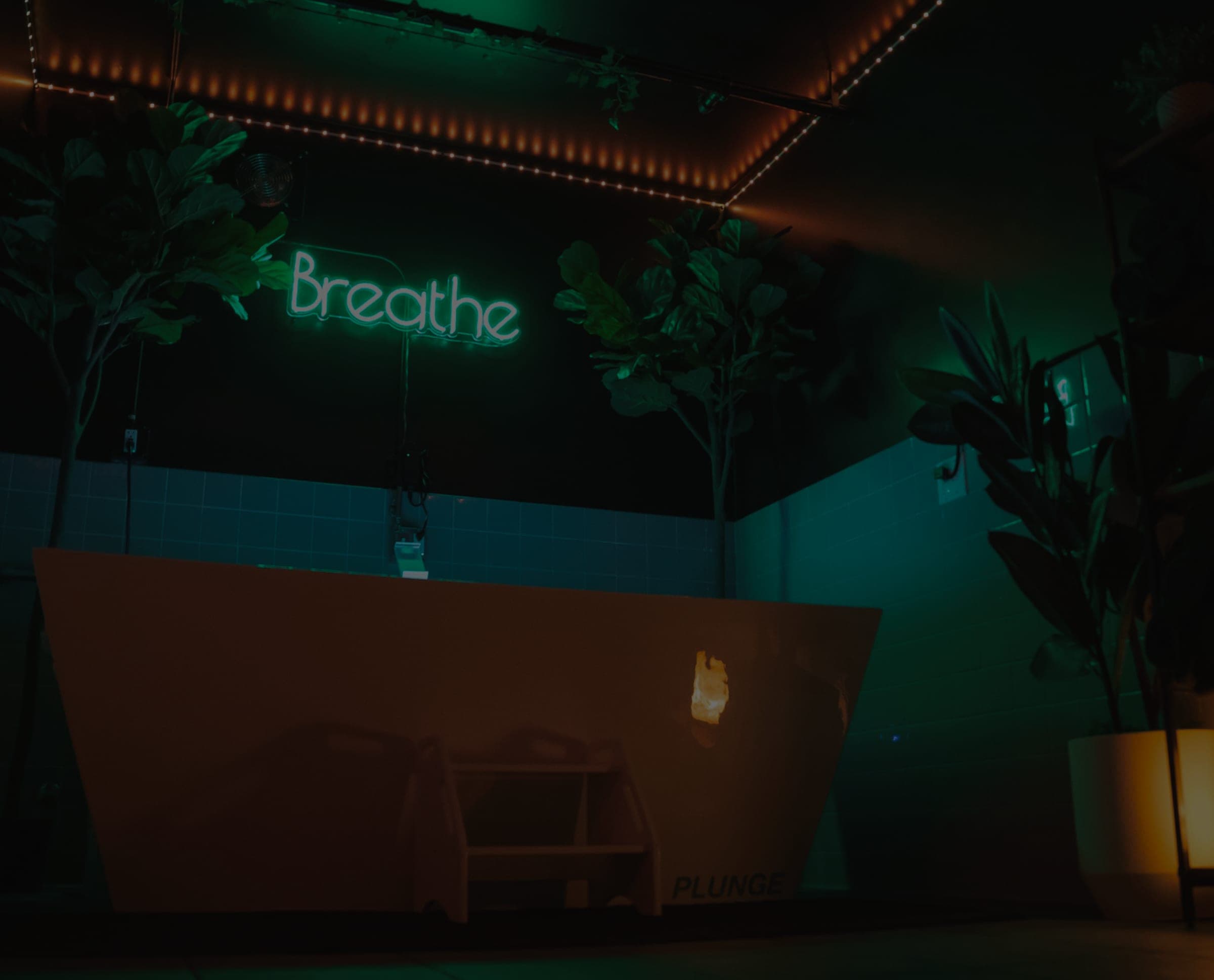 The San Diego cold plunge suite, with the tub under the green Breathe neon